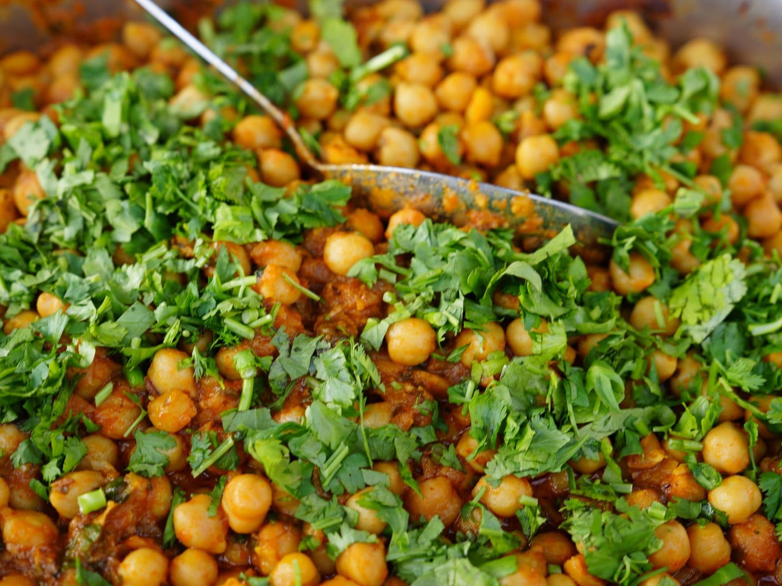 A tray of chole — chickpeas in a golden spiced sauce — buried under a thick layer of freshly chopped coriander, with a serving spoon resting in it.